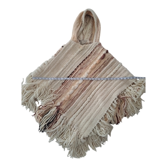 martine gruber vintage 100 pure virgin wool Hand woven poncho with hood fringes - Picture 13 of 16